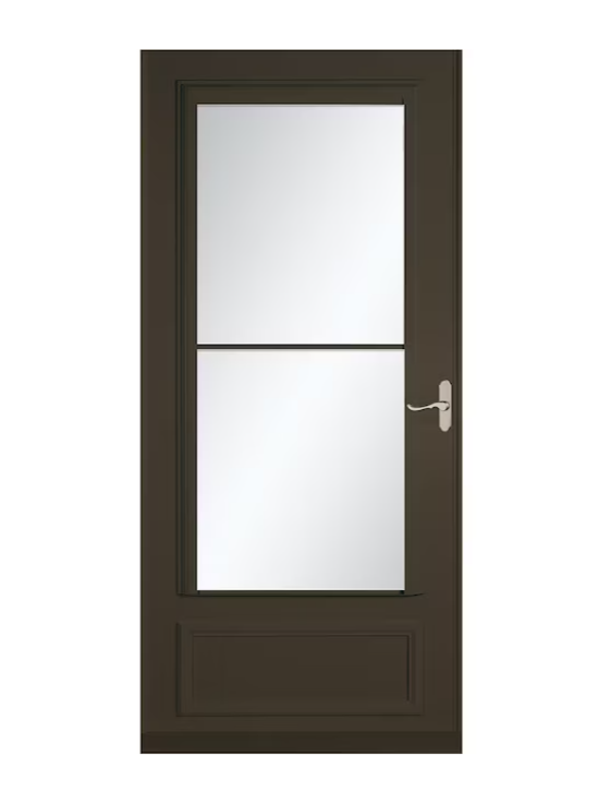 LARSON Savannah 32-in x 81-in Brown Mid-view Retractable Screen Wood Core Storm Door with Brushed Nickel Handle