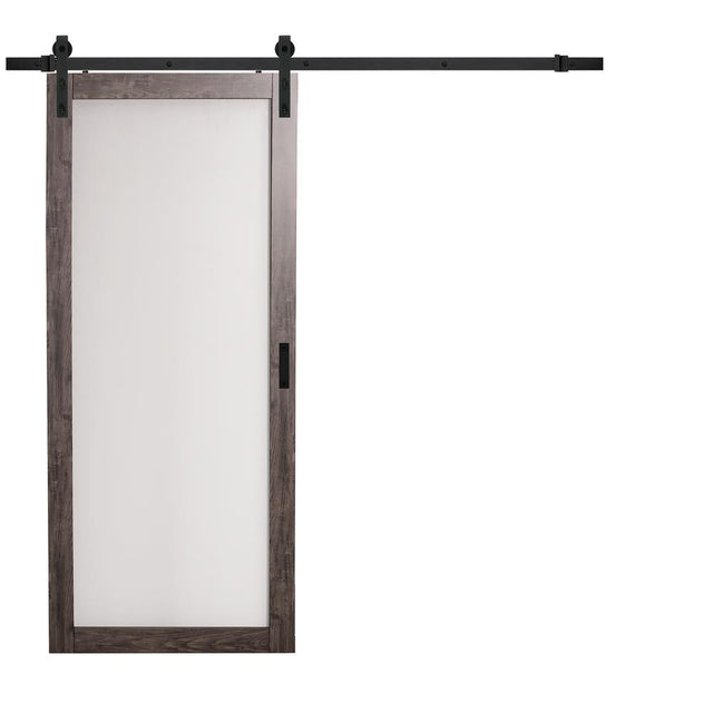 36 in. x 84 in. Iron Age Gray MDF Frosted Glass 1 Lite Design Sliding Barn Door with Rustic Hardware Kit