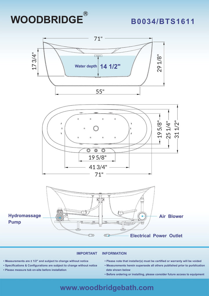 WOODBRIDGE Venezia 71 in. x 31.5 in. Acrylic Whirlpool & Air Combination Freestanding Bathtub in White