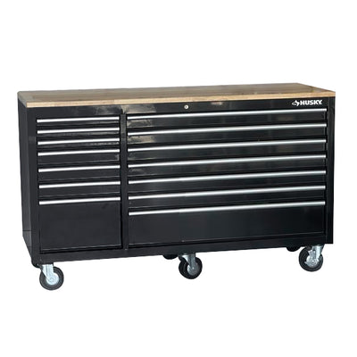 Husky 62 in. 14-Drawer Mobile Workbench with Solid Wood Top, Black