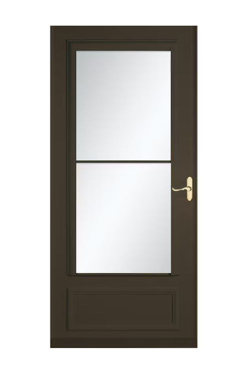LARSON Savannah 36-in x 81-in Brown Mid-view Retractable Screen Wood Core Storm Door with Polished Brass Handle