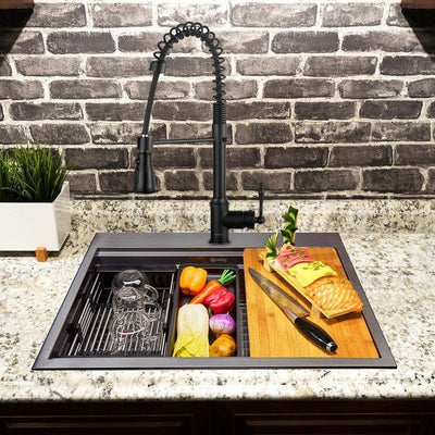 All-in-One Matte Black Finished Stainless Steel 25 in. x 22 in. Single Bowl Drop-in Kitchen Sink with Spring Neck Faucet