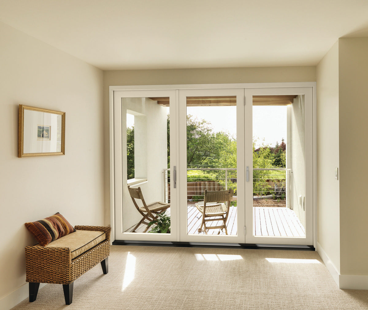 JELD-WEN F-4500 108-in x 80-in x 5-5/8-in Jamb Primed Fiberglass 3-Panel Left-Hand Folding Patio Door with Low-E Tempered Glass