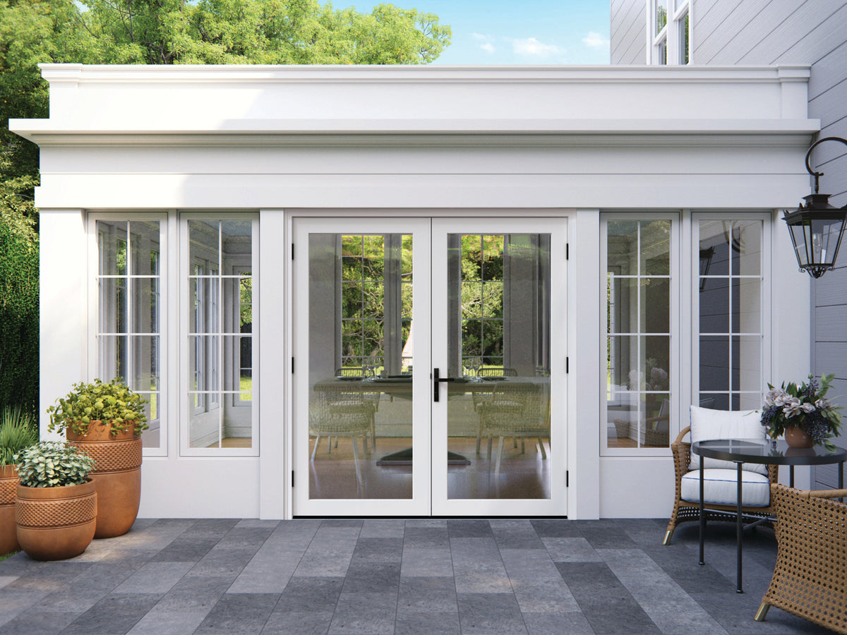 JELD-WEN F-4500 72-in x 80-in 4-9/16-in Low-E Primed Fiberglass French Left-Hand Outswing Double Patio Door