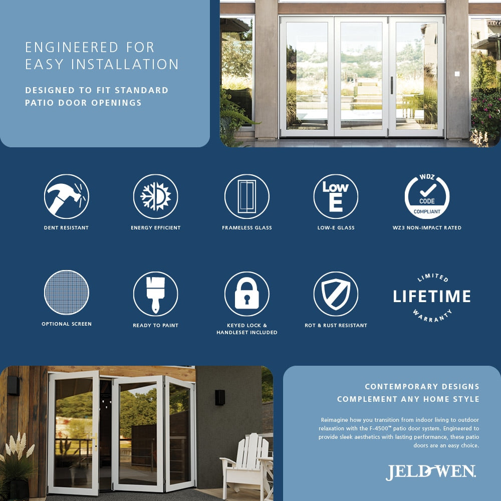 JELD-WEN F-4500 108-in x 80-in x 5-5/8-in Jamb Primed Fiberglass Right-Hand 3-Panel Folding Patio Door with Low-E Tempered Glass (Screen Included)