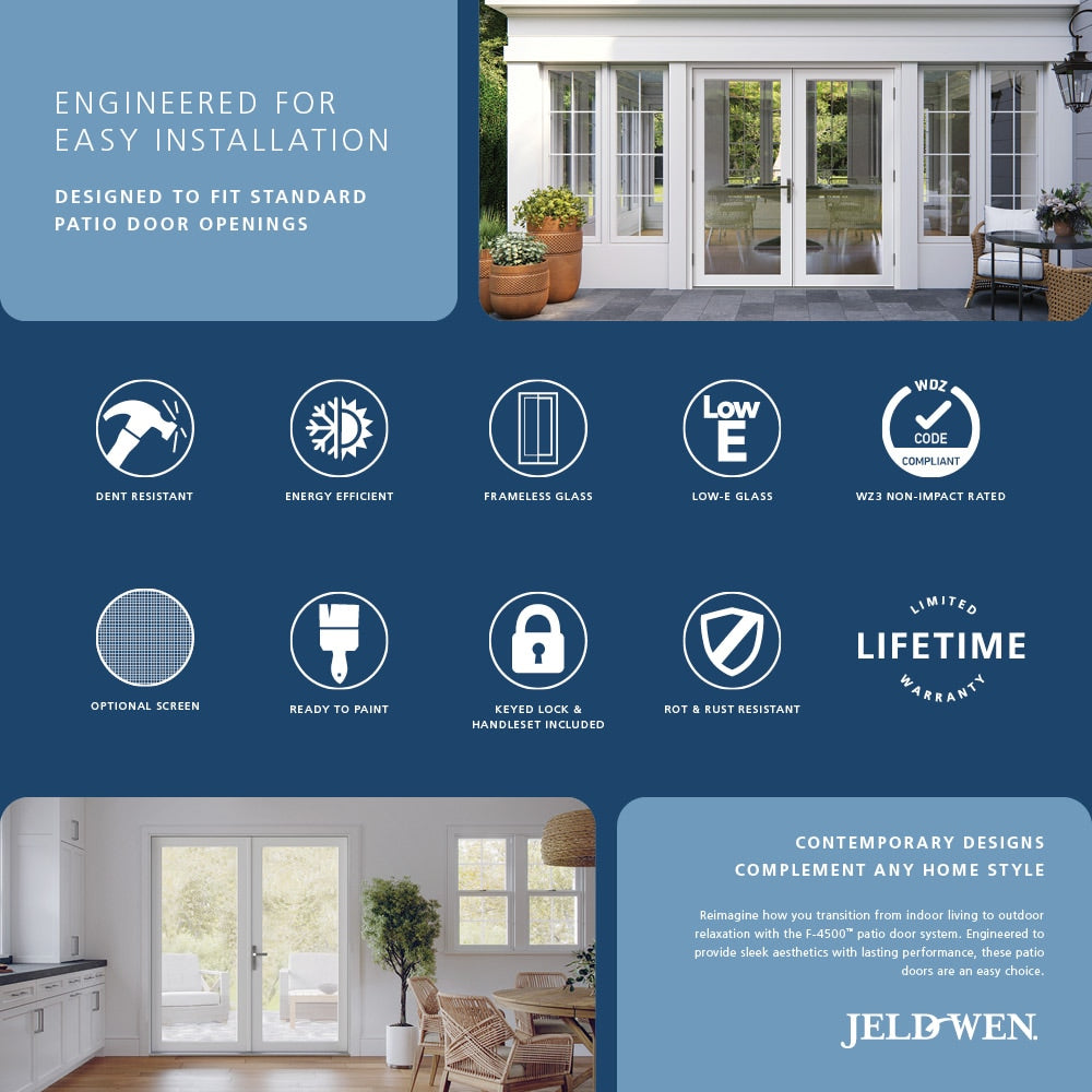 JELD-WEN F-4500 72-in x 80-in 4-9/16-in Low-E Primed Fiberglass French Left-Hand Outswing Double Patio Door
