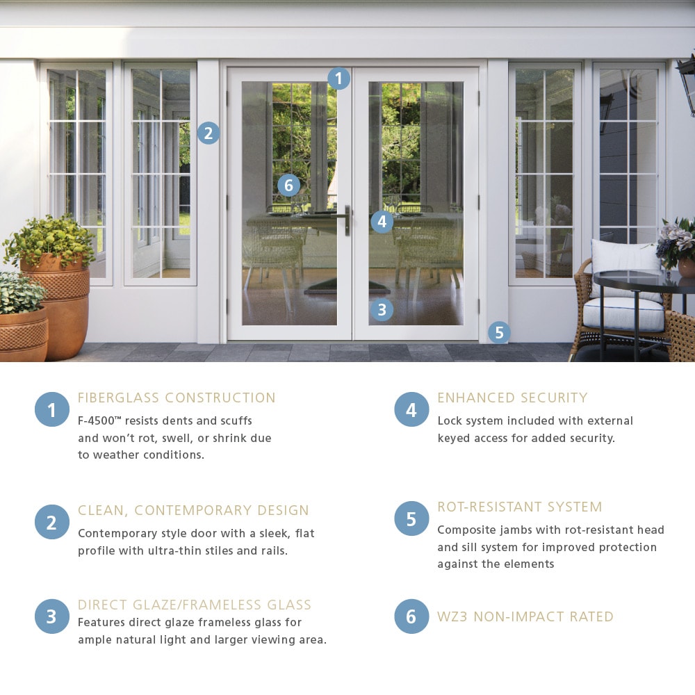 JELD-WEN F-4500 72-in x 80-in 4-9/16-in Low-E Primed Fiberglass French Right-Hand Outswing Double Patio Door