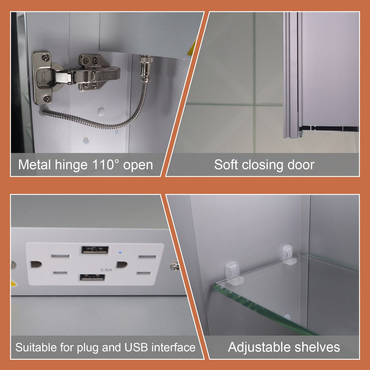 ExBrite Opale 28-in x 30-in Lighted LED Fog Free Surface/Recessed Mount Silver- 30"h Mirrored Soft Close Medicine Cabinet with Outlet
