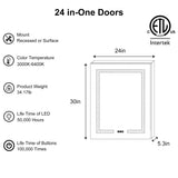 ExBrite Opale 24-in x 30-in Lighted LED Fog Free Surface/Recessed Mount Silver- 30"h- Left Mirrored Soft Close Medicine Cabinet with Outlet