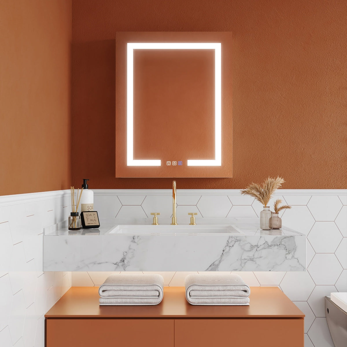 ExBrite Opale 24-in x 30-in Lighted LED Fog Free Surface/Recessed Mount Silver- 30"h- Left Mirrored Soft Close Medicine Cabinet with Outlet