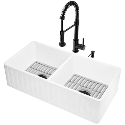 Matte Stone White Composite 36 in. Double Bowl Slotted Farmhouse Kitchen Sink with Faucet in Black and Accessories