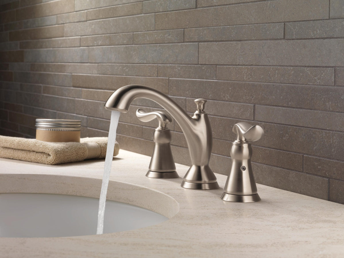 Delta Linden Stainless 2‑Handle Widespread WaterSense Bathroom Sink Faucet with Drain