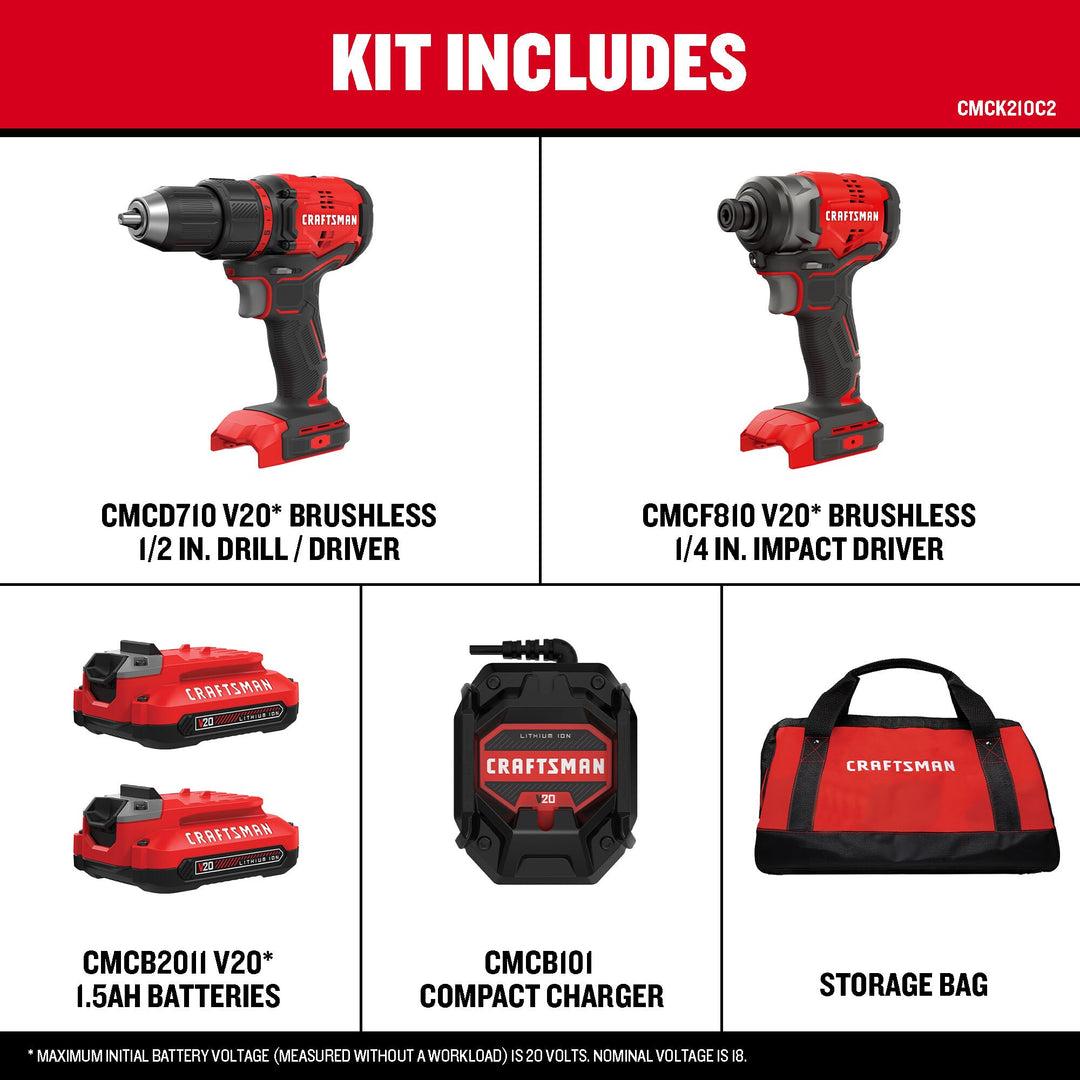 CRAFTSMAN V20 20-Volt Max Brushless 2-Tool Combo Kit with Soft