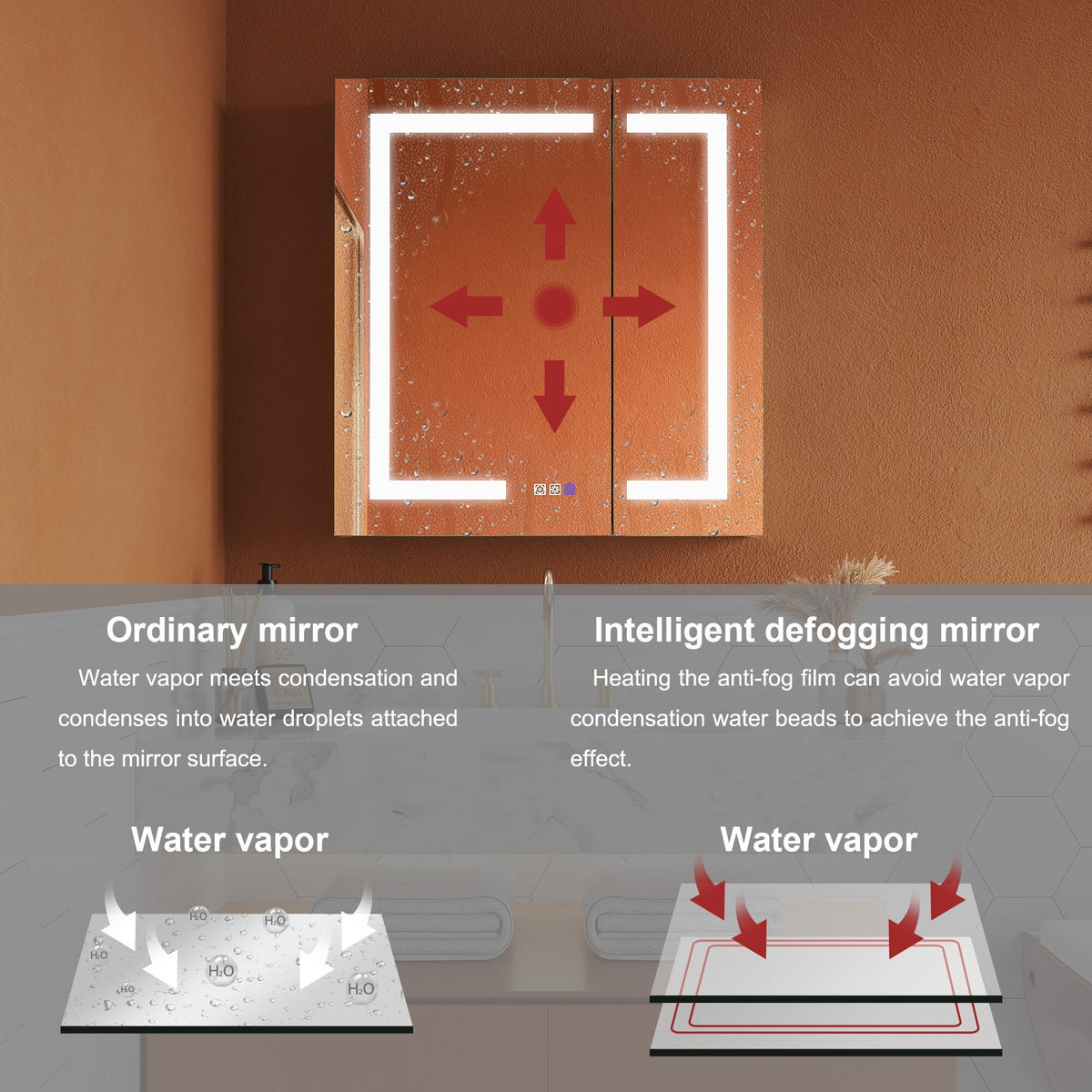 ExBrite Opale 28-in x 30-in Lighted LED Fog Free Surface/Recessed Mount Silver- 30"h Mirrored Soft Close Medicine Cabinet with Outlet