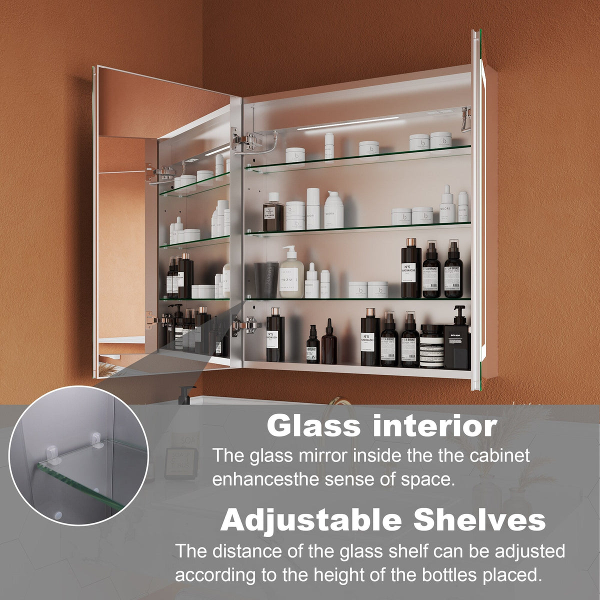 ExBrite Opale 28-in x 30-in Lighted LED Fog Free Surface/Recessed Mount Silver- 30"h Mirrored Soft Close Medicine Cabinet with Outlet