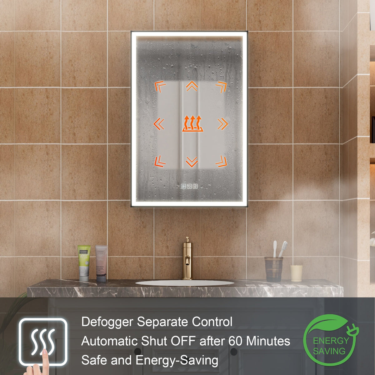 WELLFOR W12 53-in x 30-in Lighted LED Fog Free Surface/Recessed Mount Anodized Black Aluminum Mirrored Soft Close Medicine Cabinet with Outlet