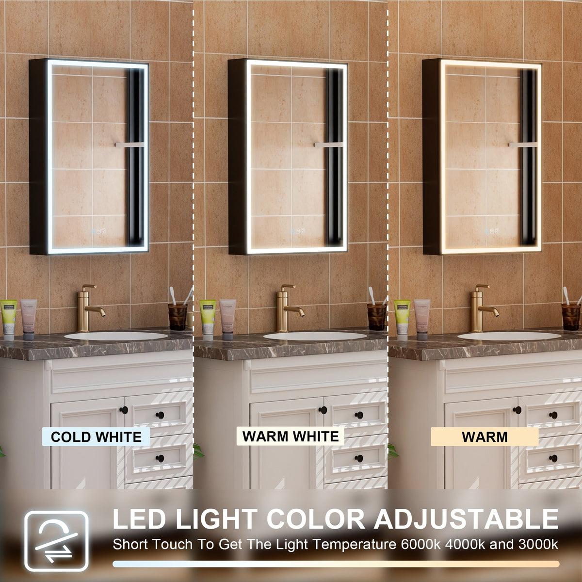 WELLFOR W12 44-in x 30-in Lighted LED Fog Free Surface/Recessed Mount Anodized Black Aluminum Mirrored Soft Close Medicine Cabinet with Outlet