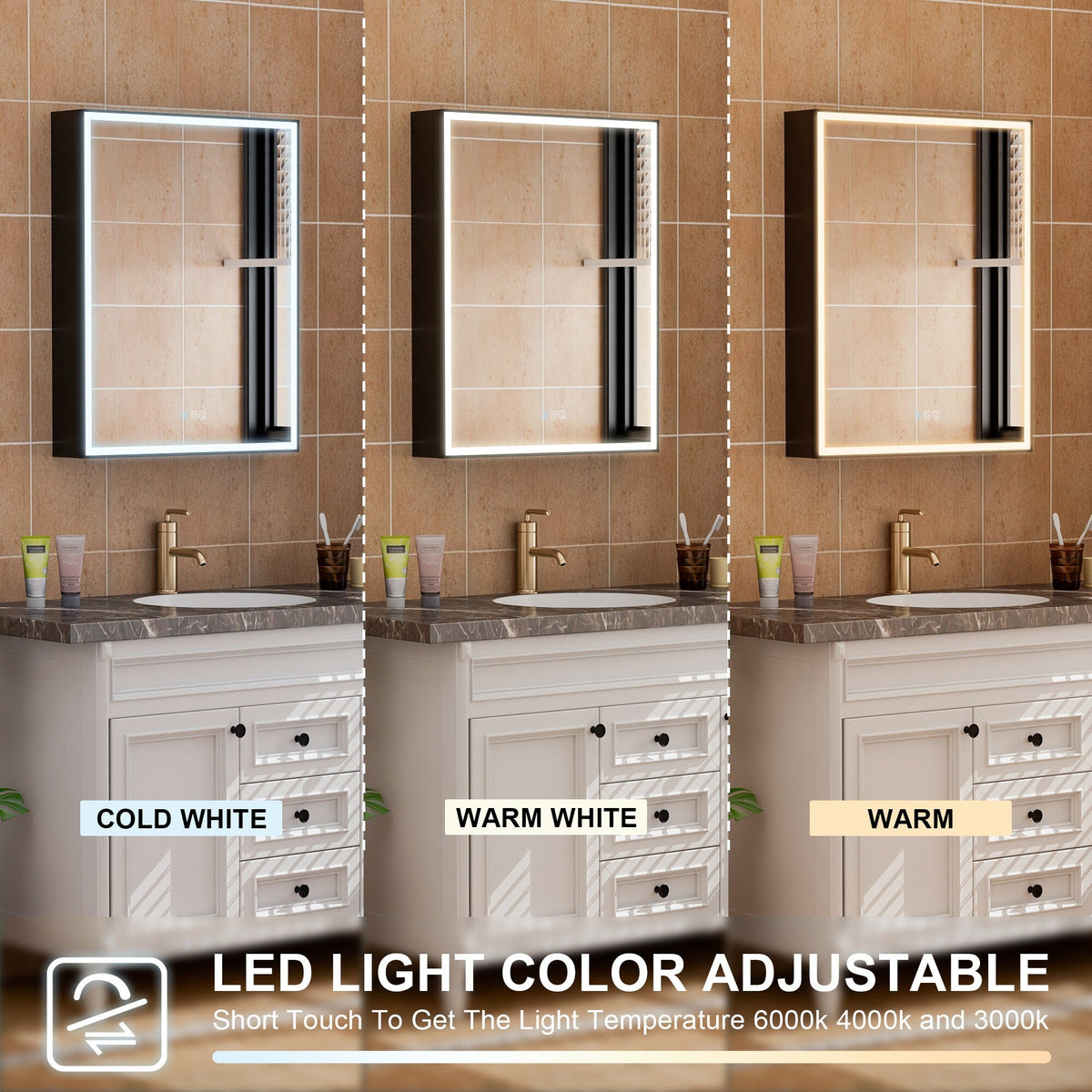 WELLFOR W12 48-in x 30-in Lighted LED Fog Free Surface/Recessed Mount Anodized Black Aluminum Mirrored Soft Close Medicine Cabinet with Outlet