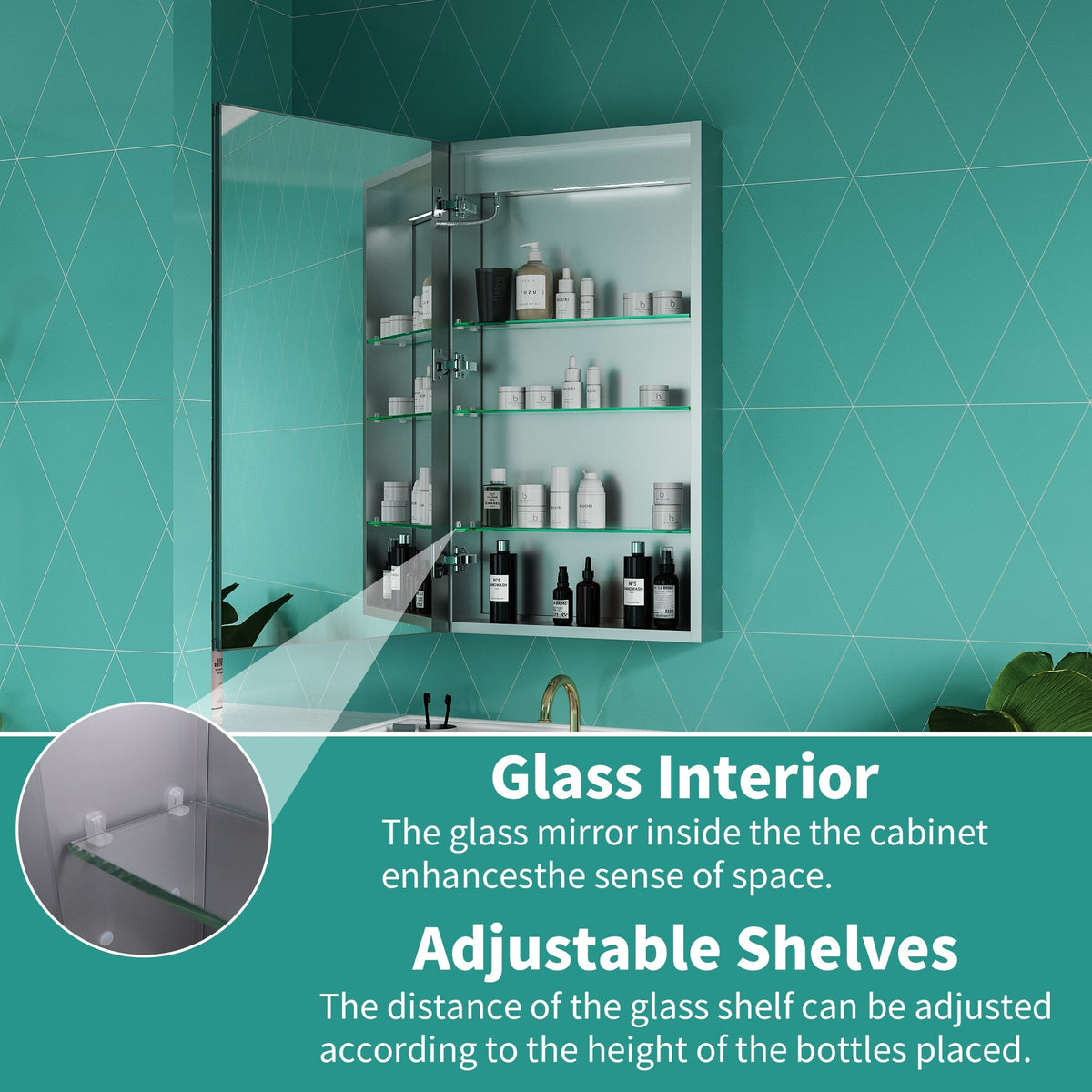 ExBrite Ethos 20-in x 36-in Lighted LED Fog Free Surface/Recessed Mount Silver Mirrored Soft Close Medicine Cabinet with Outlet