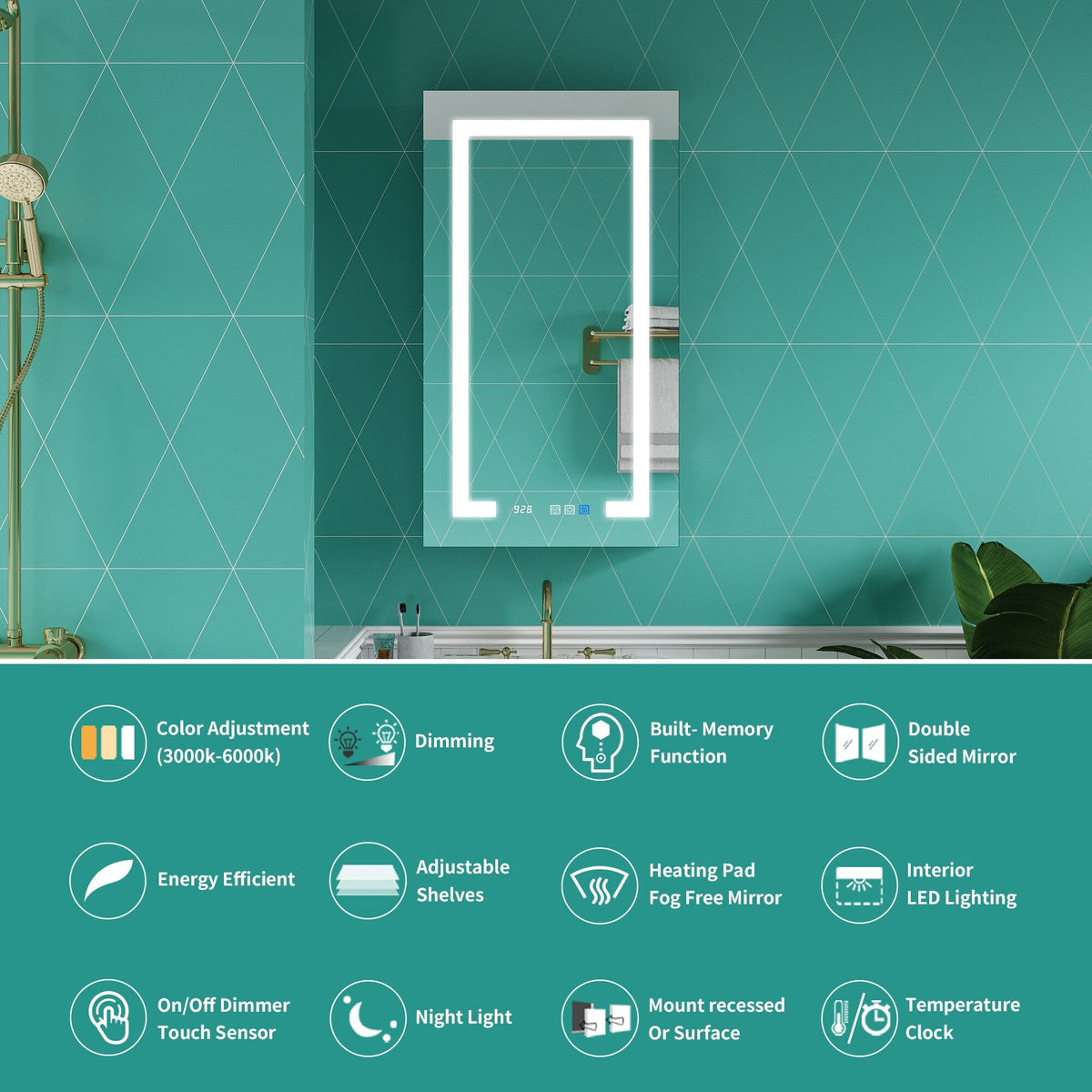 ExBrite Ethos 20-in x 36-in Lighted LED Fog Free Surface/Recessed Mount Silver Mirrored Soft Close Medicine Cabinet with Outlet