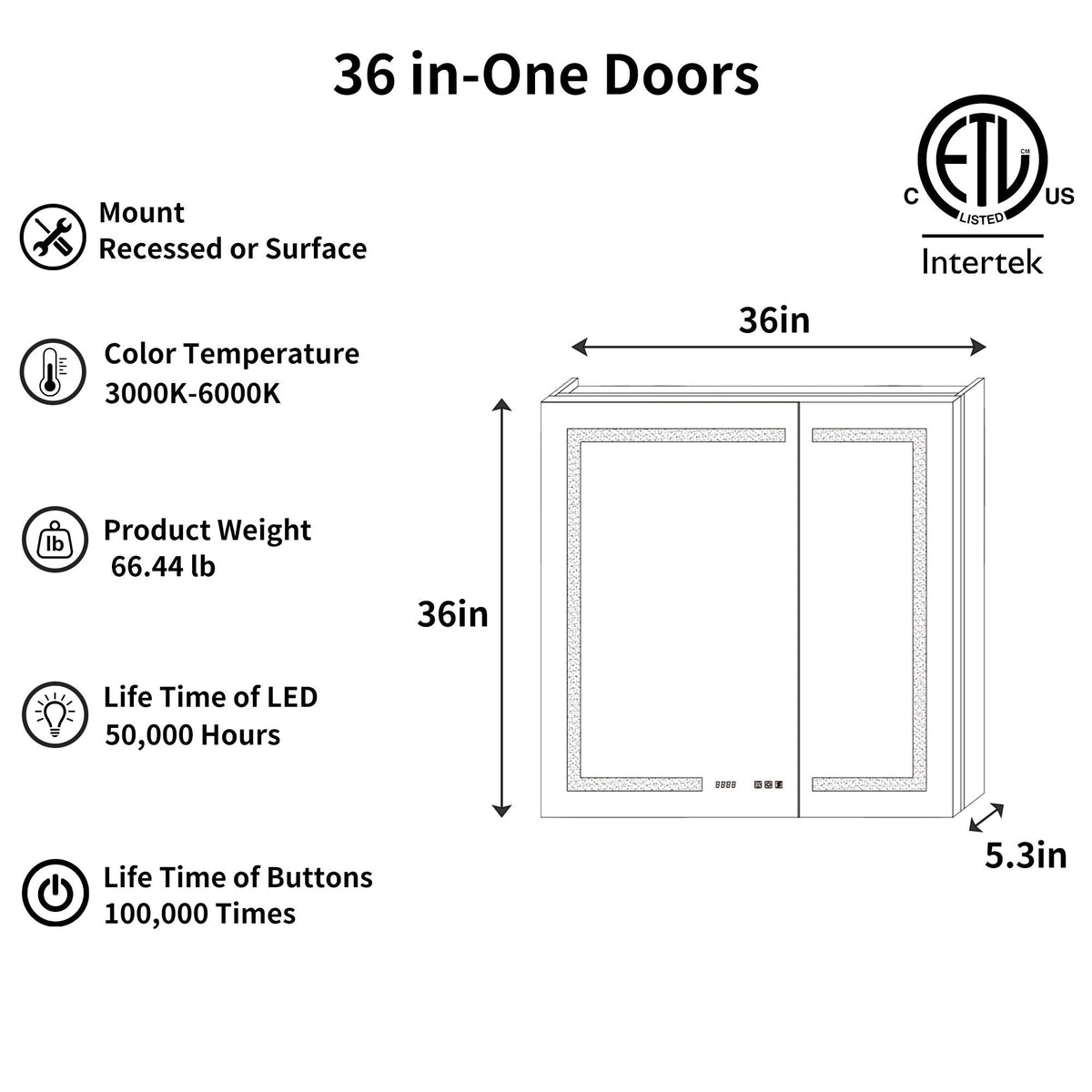 ExBrite Ethos 36-in x 36-in Lighted LED Fog Free Surface/Recessed Mount Silver Mirrored Soft Close Medicine Cabinet with Outlet