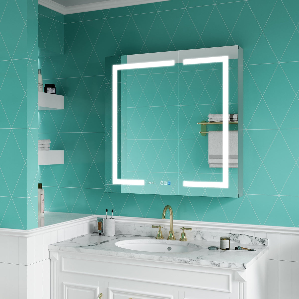 ExBrite Ethos 36-in x 36-in Lighted LED Fog Free Surface/Recessed Mount Silver Mirrored Soft Close Medicine Cabinet with Outlet