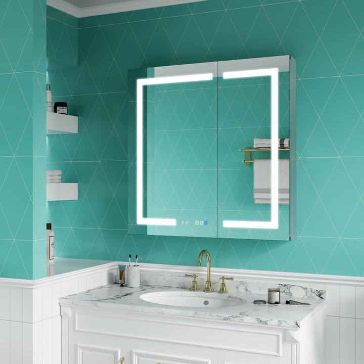 ExBrite Ethos 36-in x 36-in Lighted LED Fog Free Surface/Recessed Mount Silver Mirrored Soft Close Medicine Cabinet with Outlet