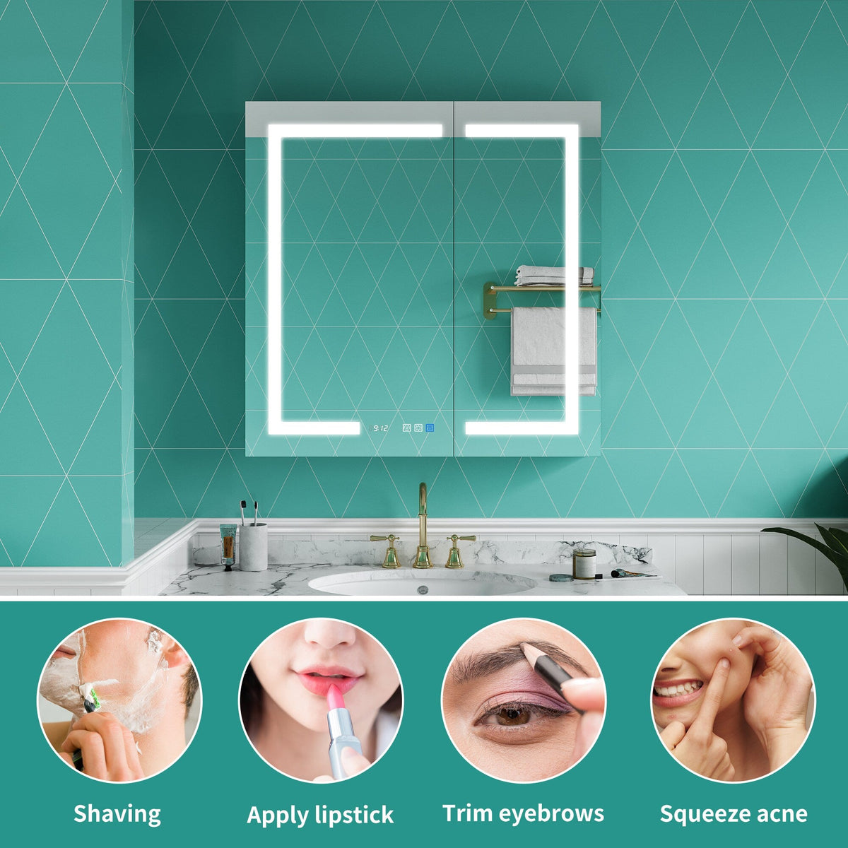 ExBrite Ethos 36-in x 36-in Lighted LED Fog Free Surface/Recessed Mount Silver Mirrored Soft Close Medicine Cabinet with Outlet