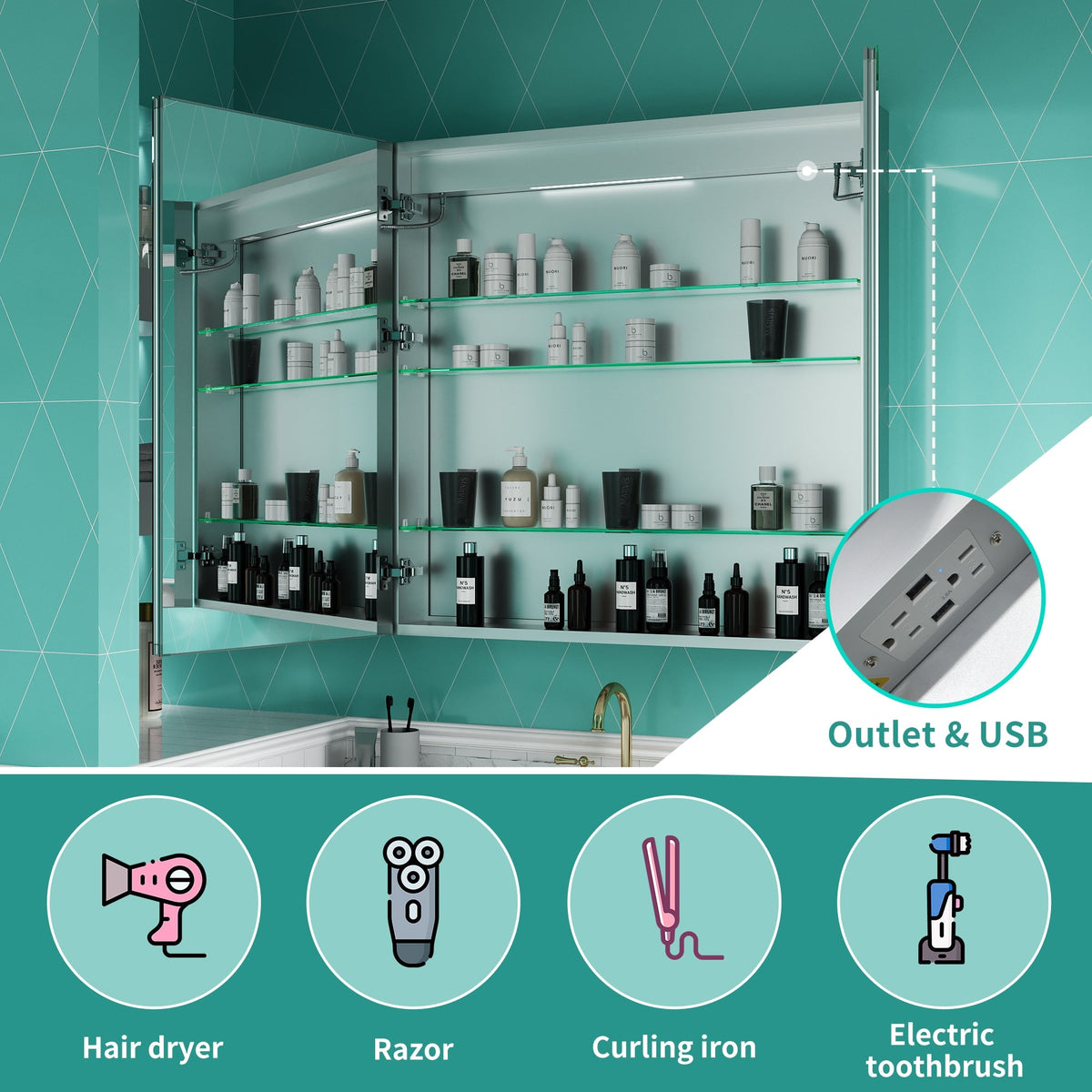 ExBrite Ethos 36-in x 36-in Lighted LED Fog Free Surface/Recessed Mount Silver Mirrored Soft Close Medicine Cabinet with Outlet