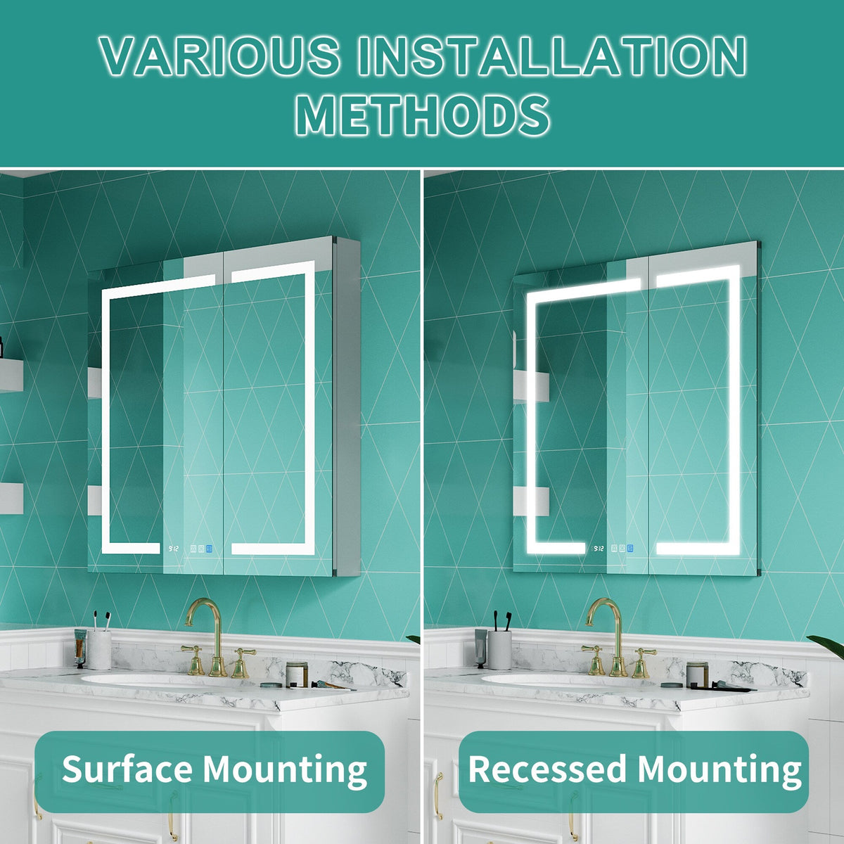 ExBrite Ethos 36-in x 36-in Lighted LED Fog Free Surface/Recessed Mount Silver Mirrored Soft Close Medicine Cabinet with Outlet