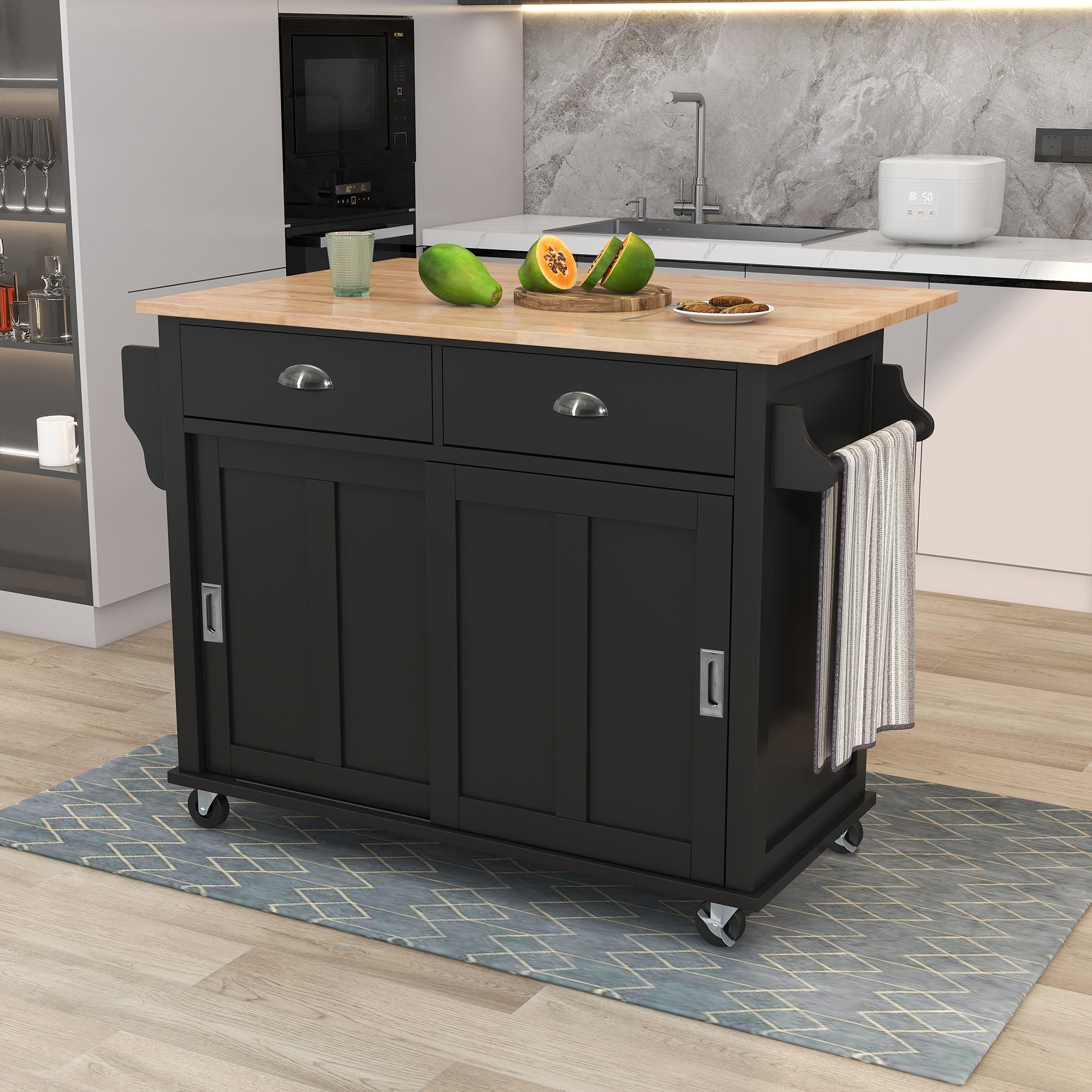 BABOOM Black Mdf Base with Wood Top Rolling Kitchen Island (20.5-in x ...