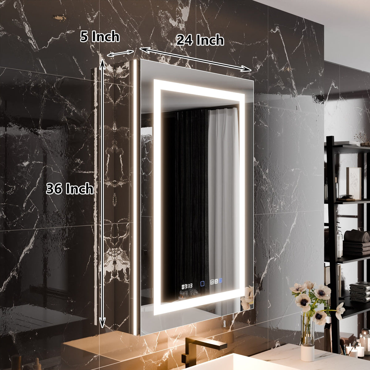 WELLFOR V11 24-in x 36-in Lighted LED Fog Free Surface/Recessed Mount Silver Mirrored Soft Close Medicine Cabinet with Outlet