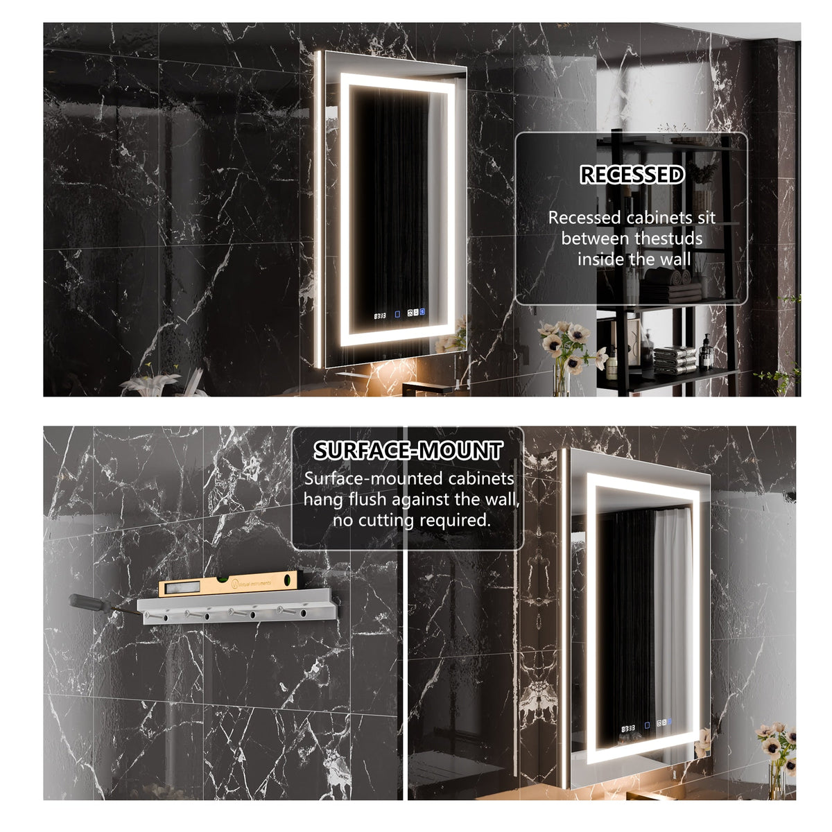 WELLFOR V11 24-in x 36-in Lighted LED Fog Free Surface/Recessed Mount Silver Mirrored Soft Close Medicine Cabinet with Outlet