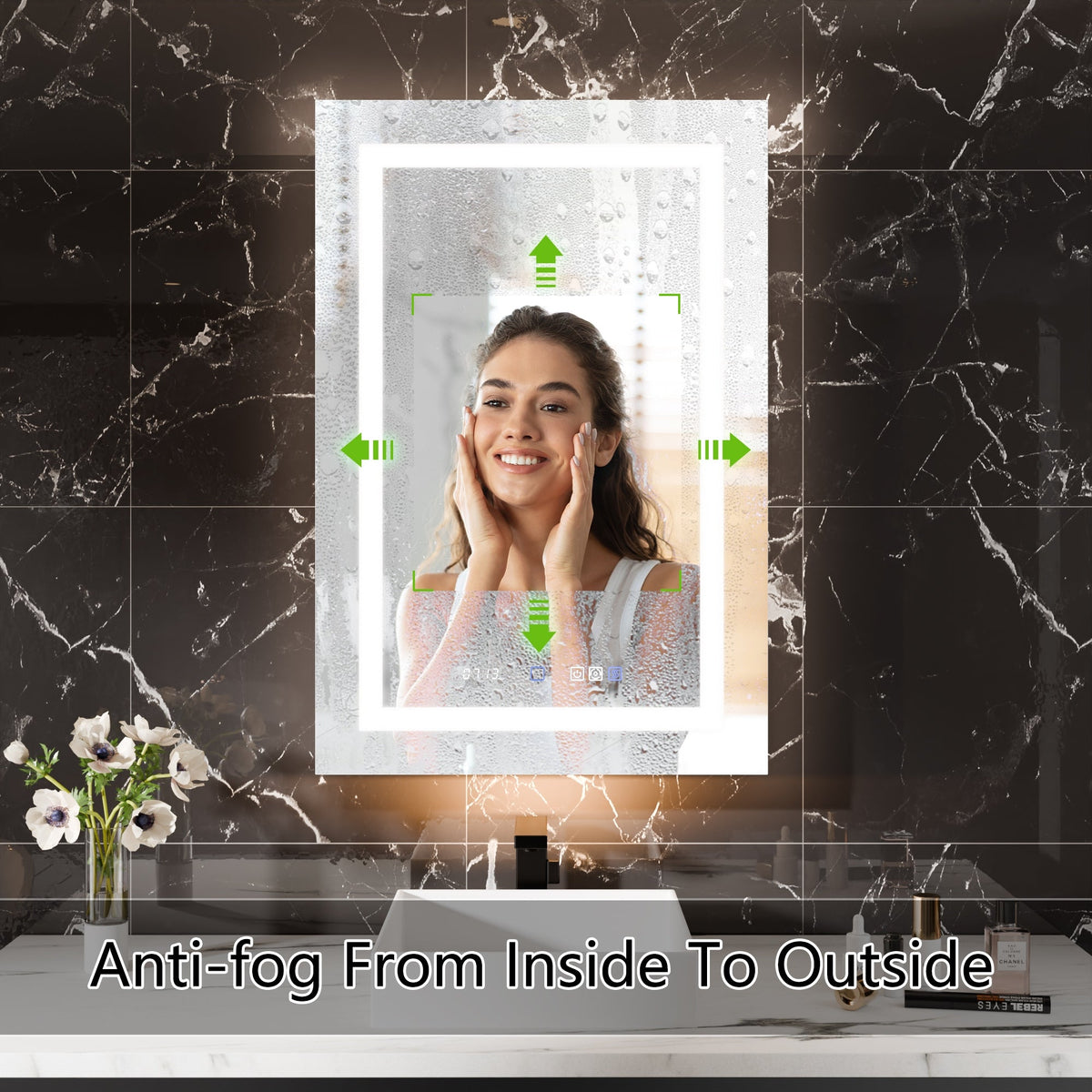 WELLFOR V11 24-in x 36-in Lighted LED Fog Free Surface/Recessed Mount Silver Mirrored Soft Close Medicine Cabinet with Outlet
