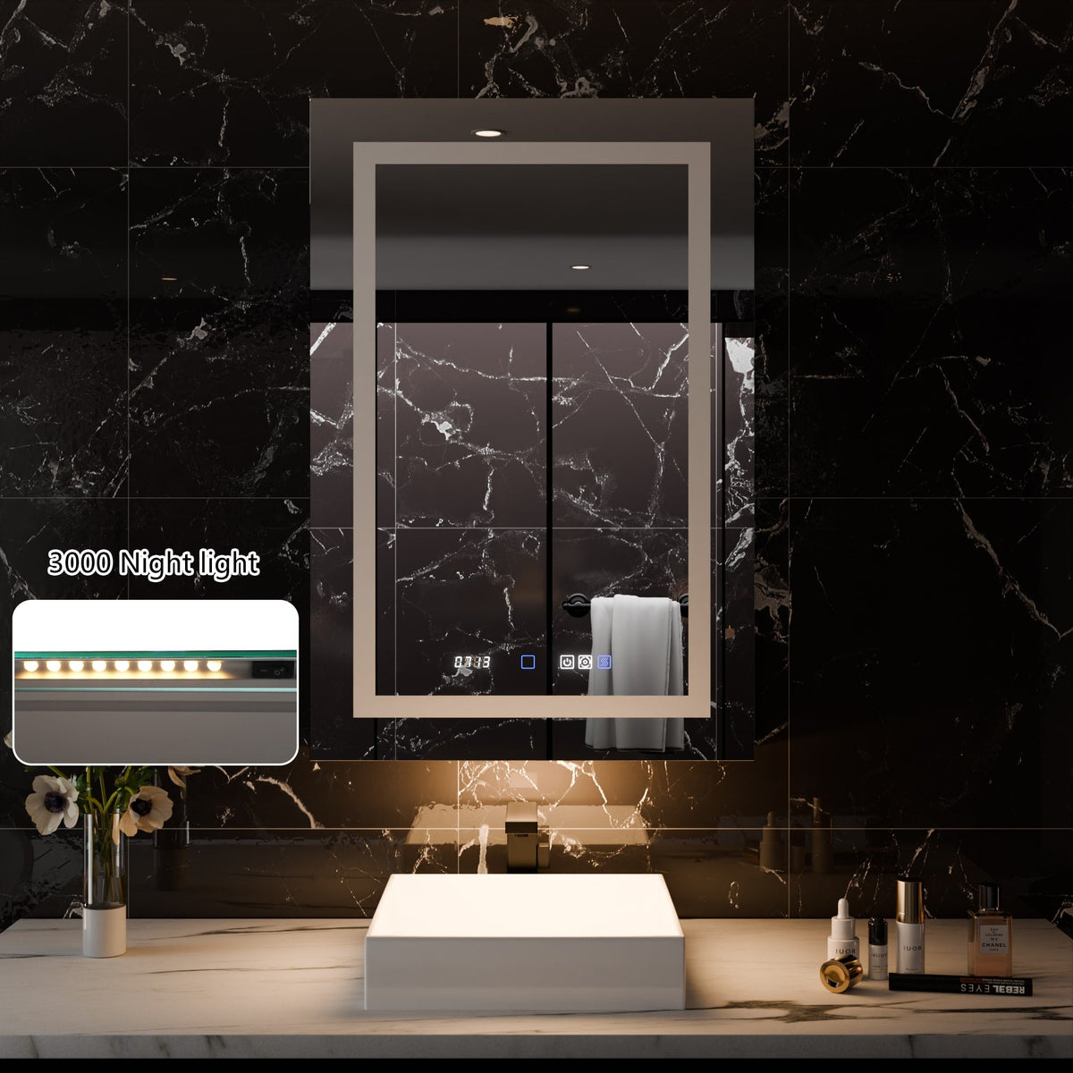 WELLFOR V11 24-in x 36-in Lighted LED Fog Free Surface/Recessed Mount Silver Mirrored Soft Close Medicine Cabinet with Outlet