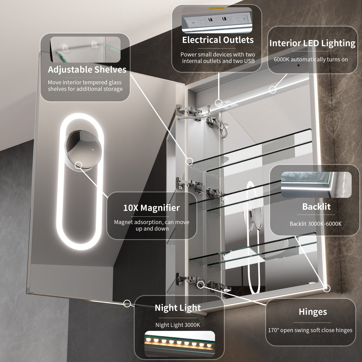 WELLFOR V11 24-in x 36-in Lighted LED Fog Free Surface/Recessed Mount Silver Mirrored Soft Close Medicine Cabinet with Outlet
