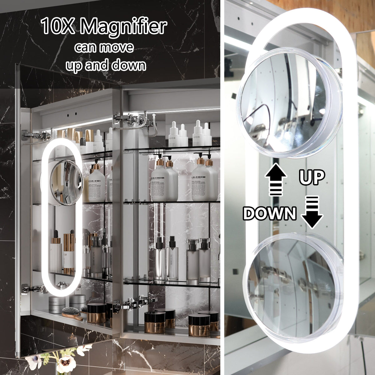 WELLFOR V11 24-in x 36-in Lighted LED Fog Free Surface/Recessed Mount Silver Mirrored Soft Close Medicine Cabinet with Outlet