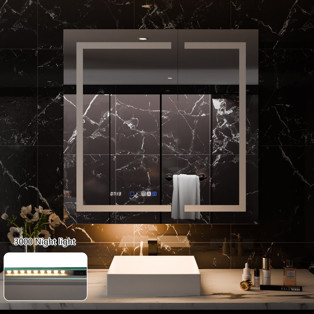 WELLFOR V11 36-in x 36-in Lighted LED Fog Free Surface/Recessed Mount Silver Mirrored Soft Close Medicine Cabinet with Outlet