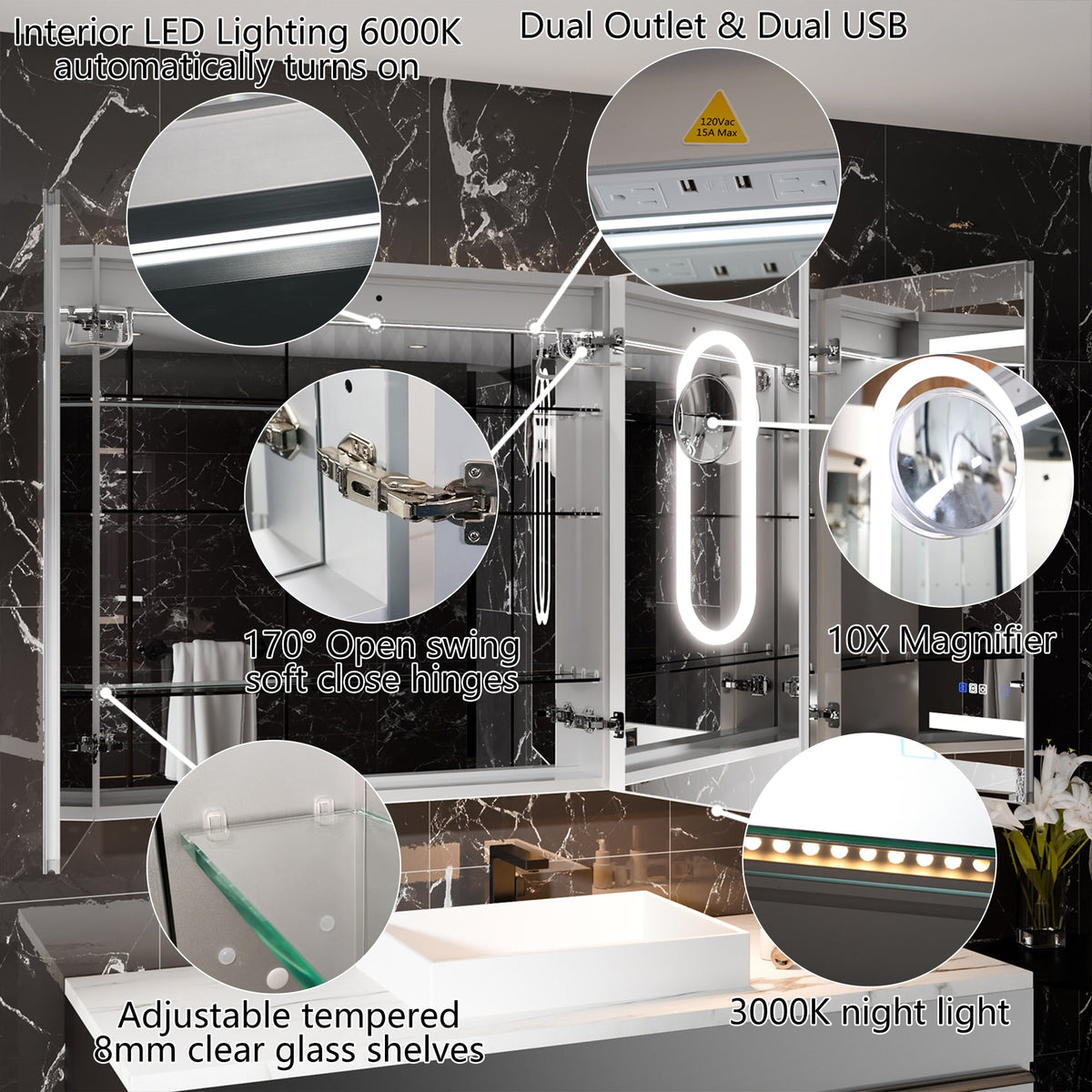 WELLFOR V11 48-in x 36-in Lighted LED Fog Free Surface/Recessed Mount Silver Mirrored Soft Close Medicine Cabinet with Outlet