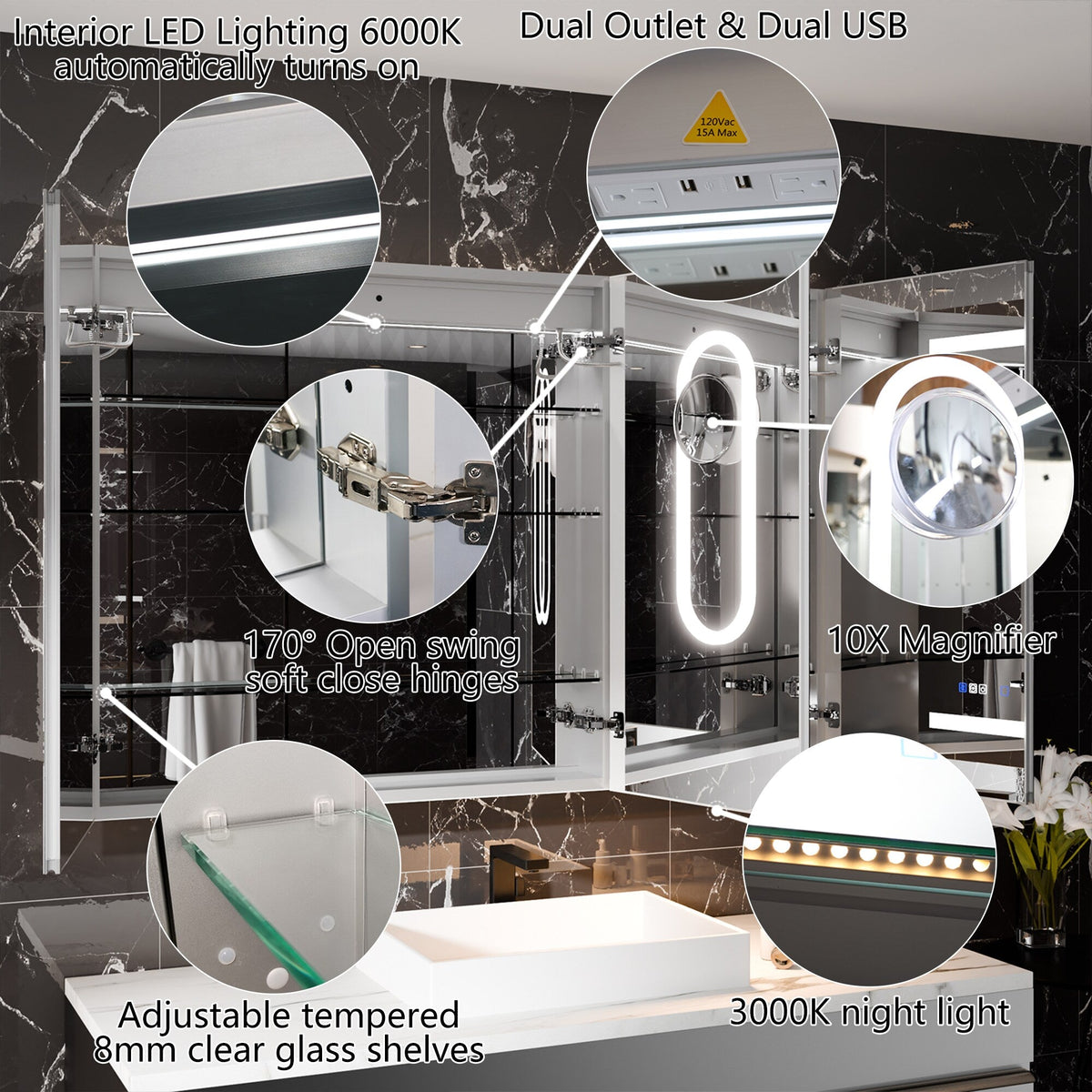 WELLFOR V11 24-in x 36-in Lighted LED Fog Free Surface/Recessed Mount Silver Mirrored Soft Close Medicine Cabinet with Outlet