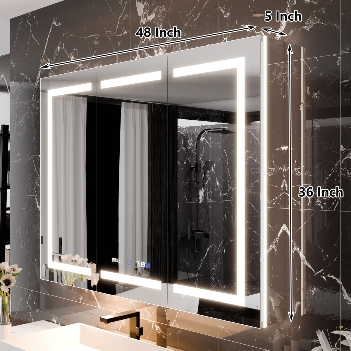 WELLFOR V11 48-in x 36-in Lighted LED Fog Free Surface/Recessed Mount Silver Mirrored Soft Close Medicine Cabinet with Outlet