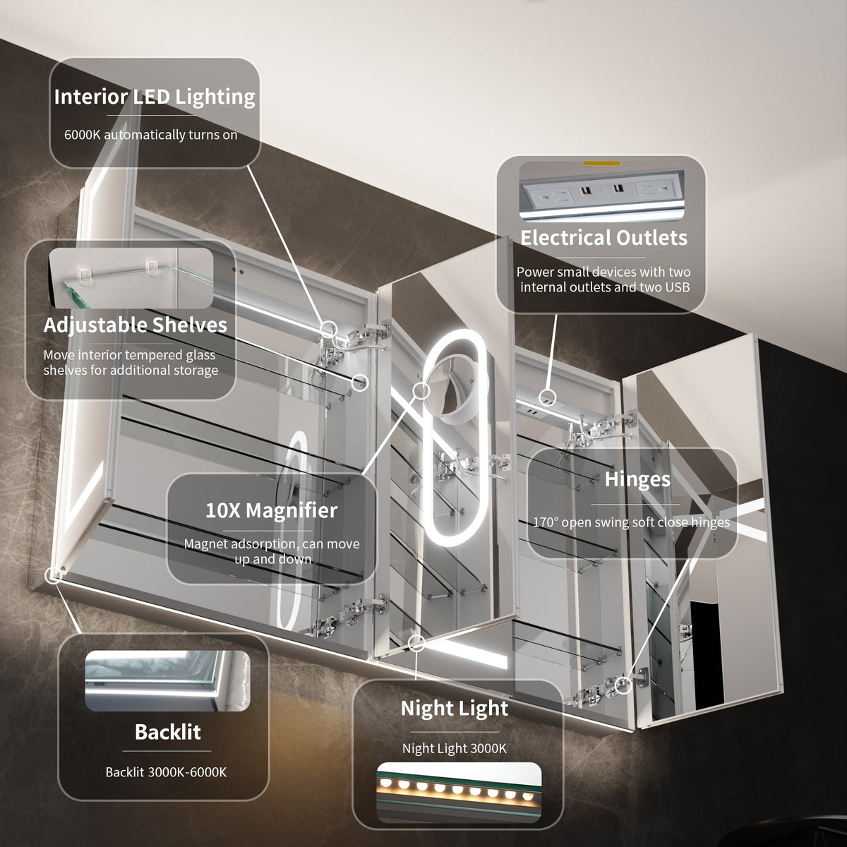 WELLFOR V11 60-in x 36-in Lighted LED Fog Free Surface/Recessed Mount Silver Mirrored Soft Close Medicine Cabinet with Outlet