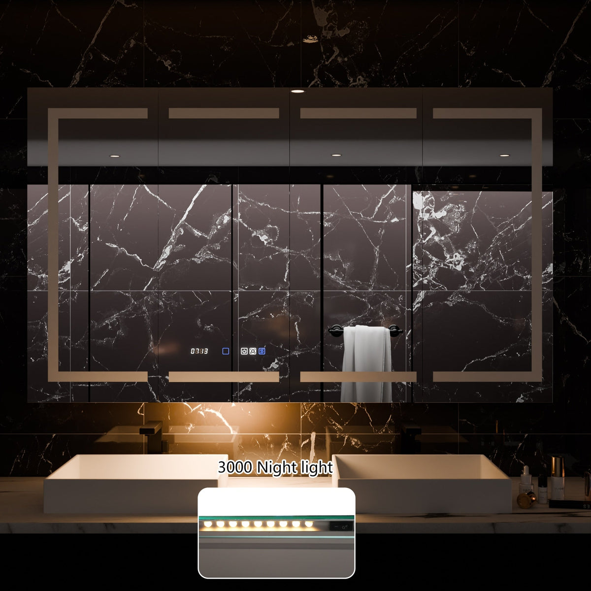 WELLFOR V11 60-in x 36-in Lighted LED Fog Free Surface/Recessed Mount Silver Mirrored Soft Close Medicine Cabinet with Outlet