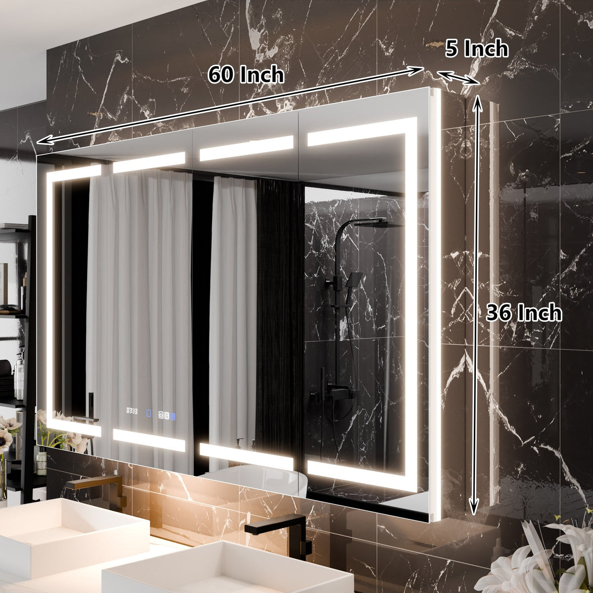 WELLFOR V11 60-in x 36-in Lighted LED Fog Free Surface/Recessed Mount Silver Mirrored Soft Close Medicine Cabinet with Outlet