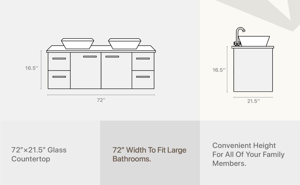 Eviva Totti Wave 72 in. W x 16 in. D x 22 in. H Double Bathroom Vanity, Espresso, White Glassos Top, White Vessel Sinks