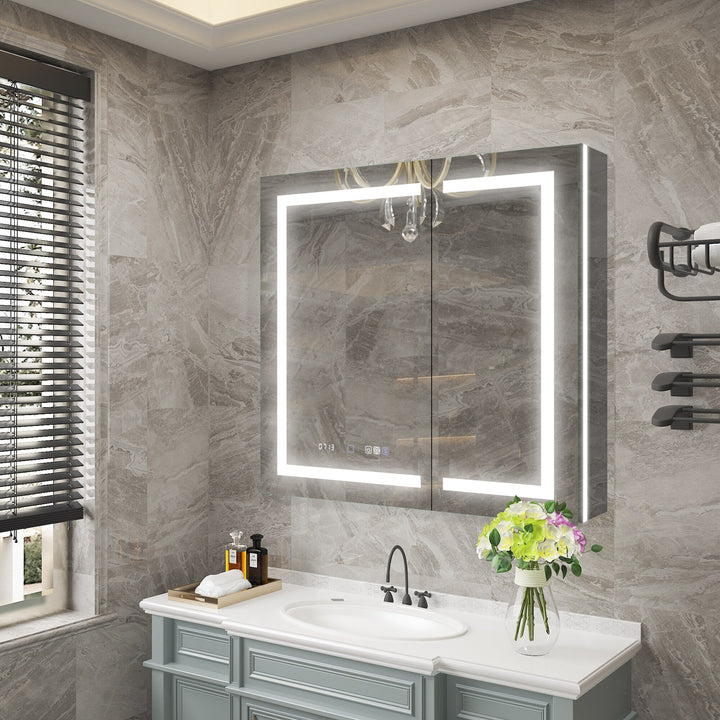 WELLFOR V11 36-in x 36-in Lighted LED Fog Free Surface/Recessed Mount Silver Mirrored Soft Close Medicine Cabinet with Outlet