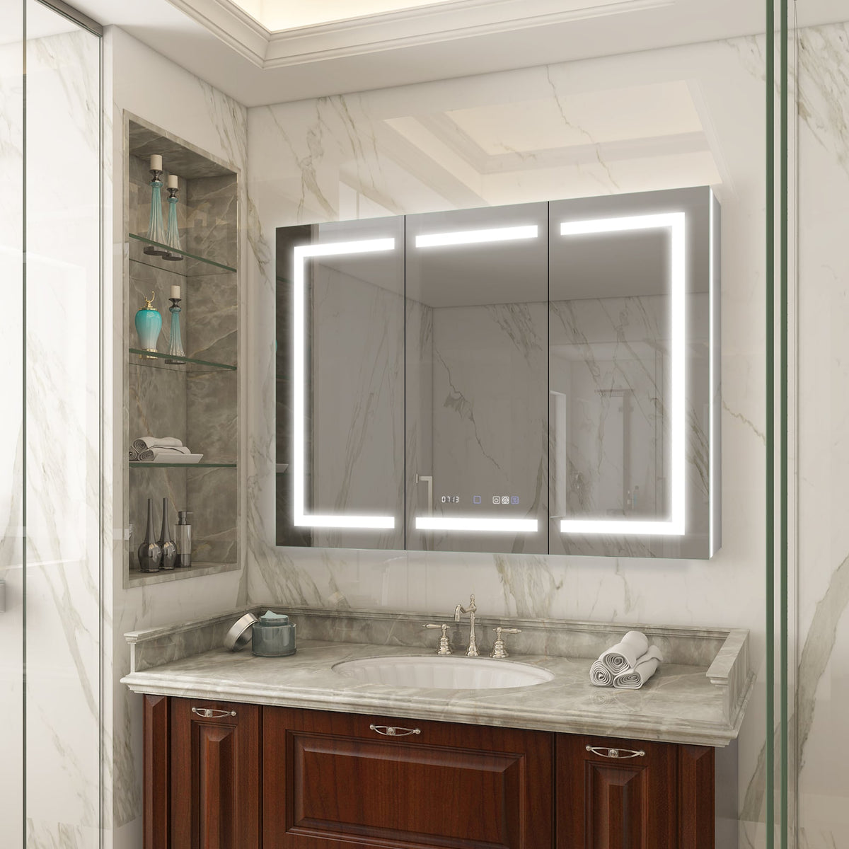 WELLFOR V11 48-in x 36-in Lighted LED Fog Free Surface/Recessed Mount Silver Mirrored Soft Close Medicine Cabinet with Outlet