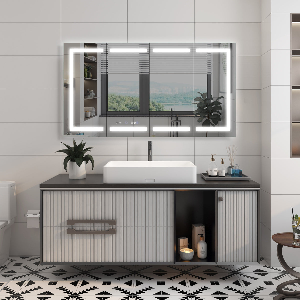 WELLFOR V11 60-in x 36-in Lighted LED Fog Free Surface/Recessed Mount Silver Mirrored Soft Close Medicine Cabinet with Outlet