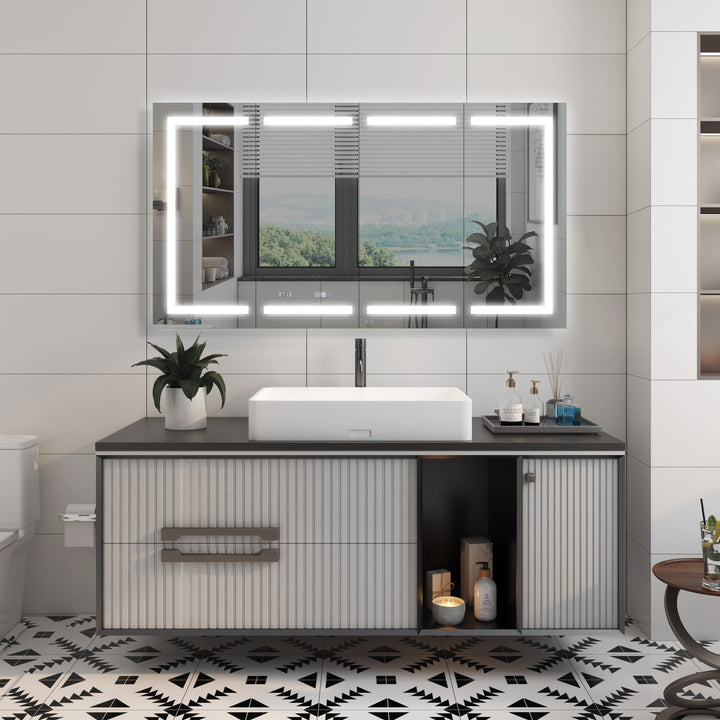 WELLFOR V11 60-in x 36-in Lighted LED Fog Free Surface/Recessed Mount Silver Mirrored Soft Close Medicine Cabinet with Outlet
