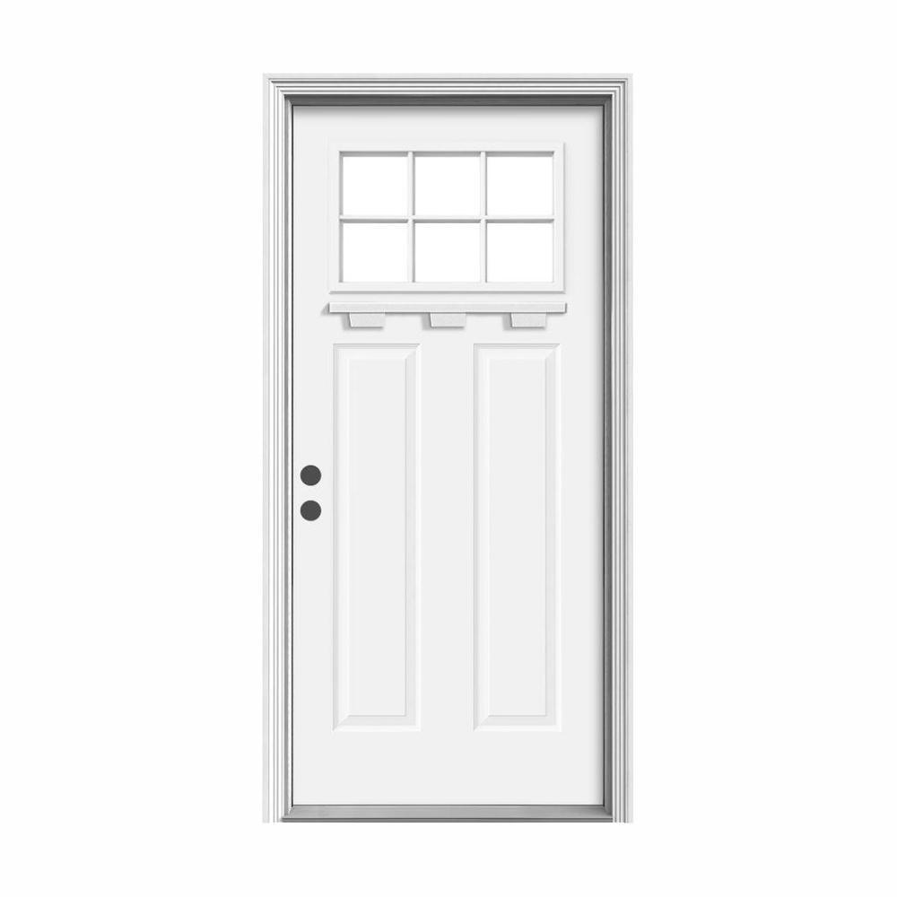 " 36 in. x 80 in. 6 Lite Craftsman Primed Steel Prehung Left-Hand Inswing Front Door w/Brickmould and Shelf"